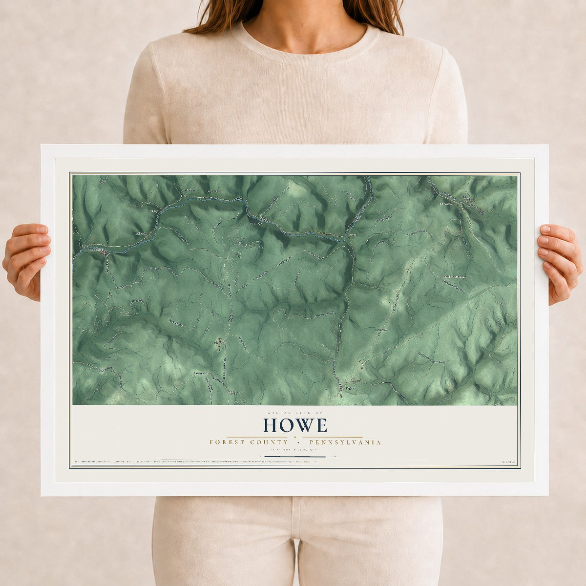 Map of Howe, Forest County, Pennsylvania, 12 x 18 inch print in a white wood frame
