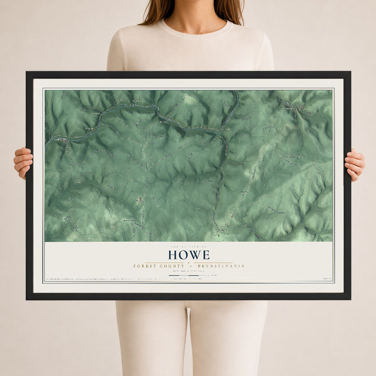 Map of Howe, Forest County, Pennsylvania, 24 x 36 inch print in a black wood frame