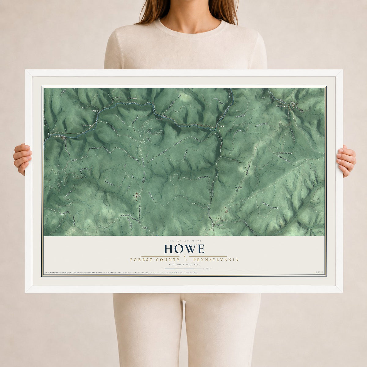 Map of Howe, Forest County, Pennsylvania, 24 x 36 inch print in a white wood frame