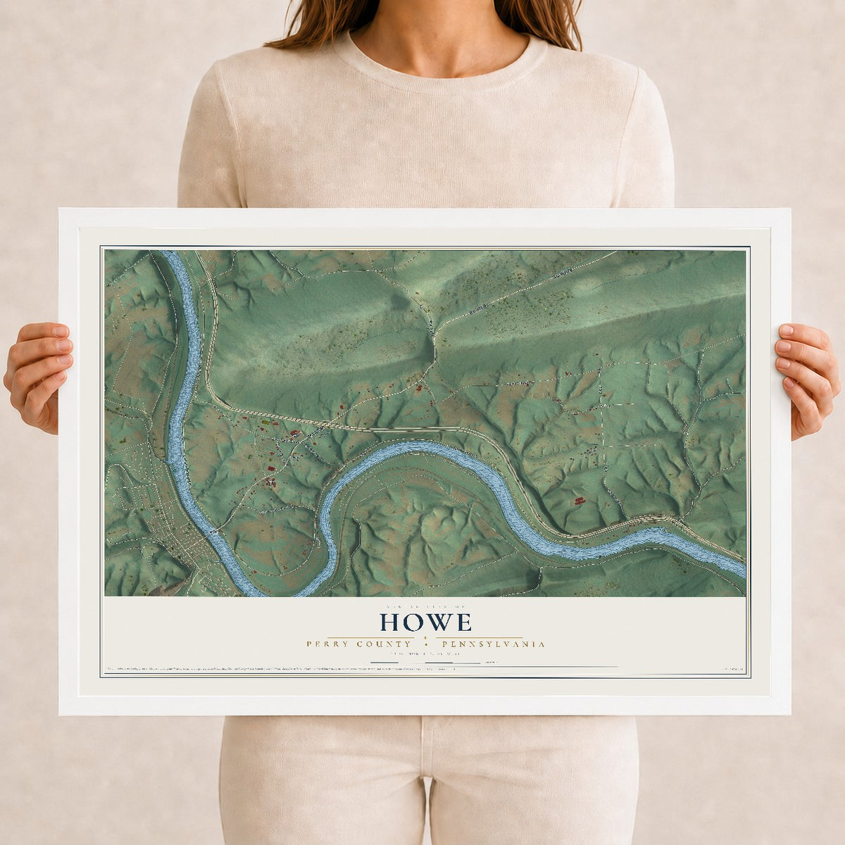 Map of Howe, Perry County, Pennsylvania, 12 x 18 inch print in a white wood frame