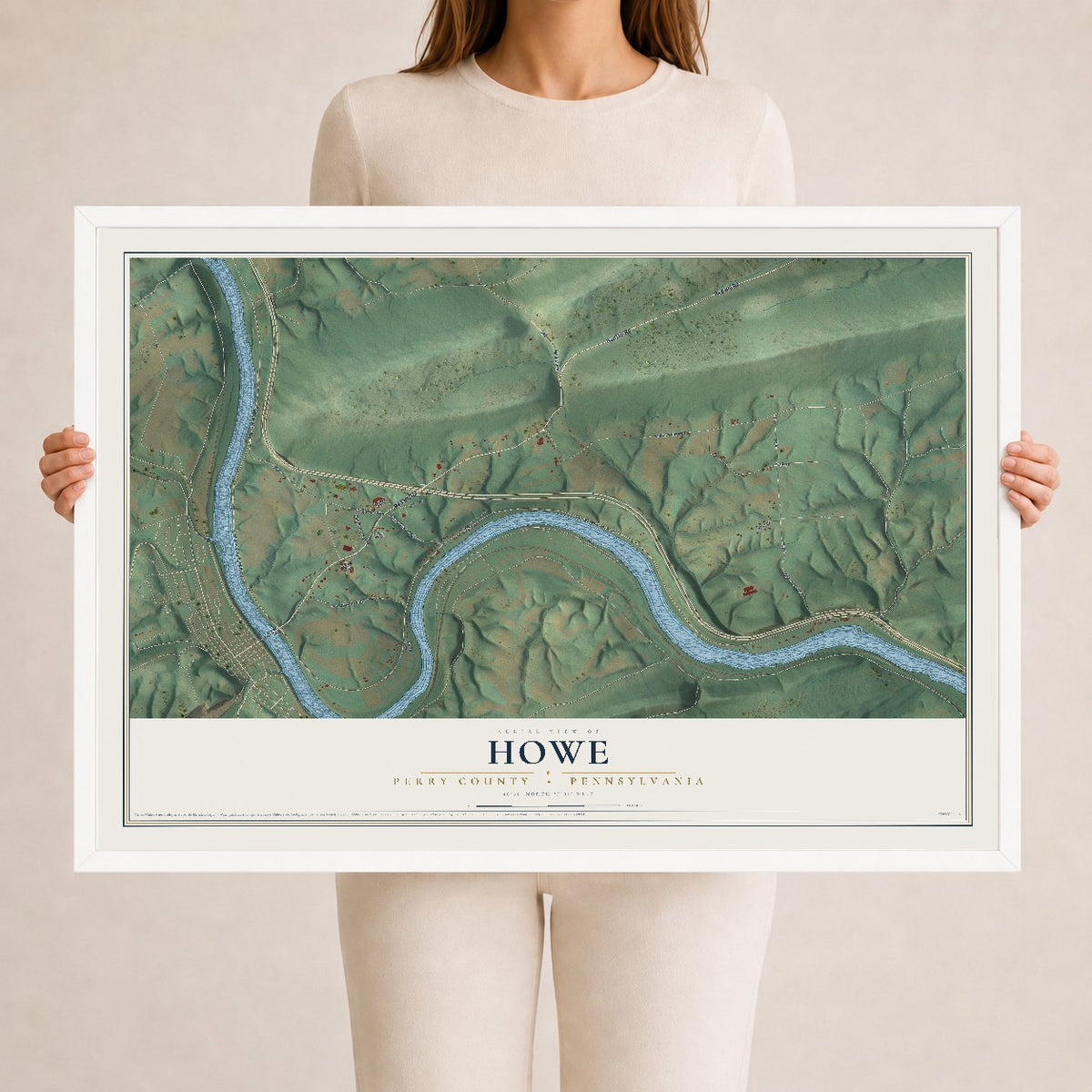 Map of Howe, Perry County, Pennsylvania, 24 x 36 inch print in a white wood frame