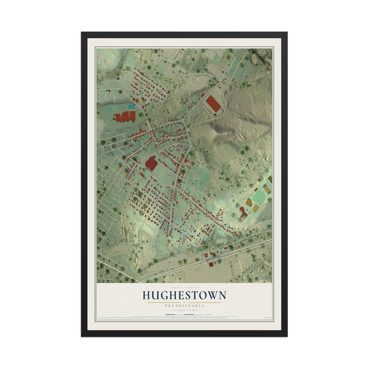 Map of Hughestown, Pennsylvania, 12 x 18 inch print in a black wood frame
