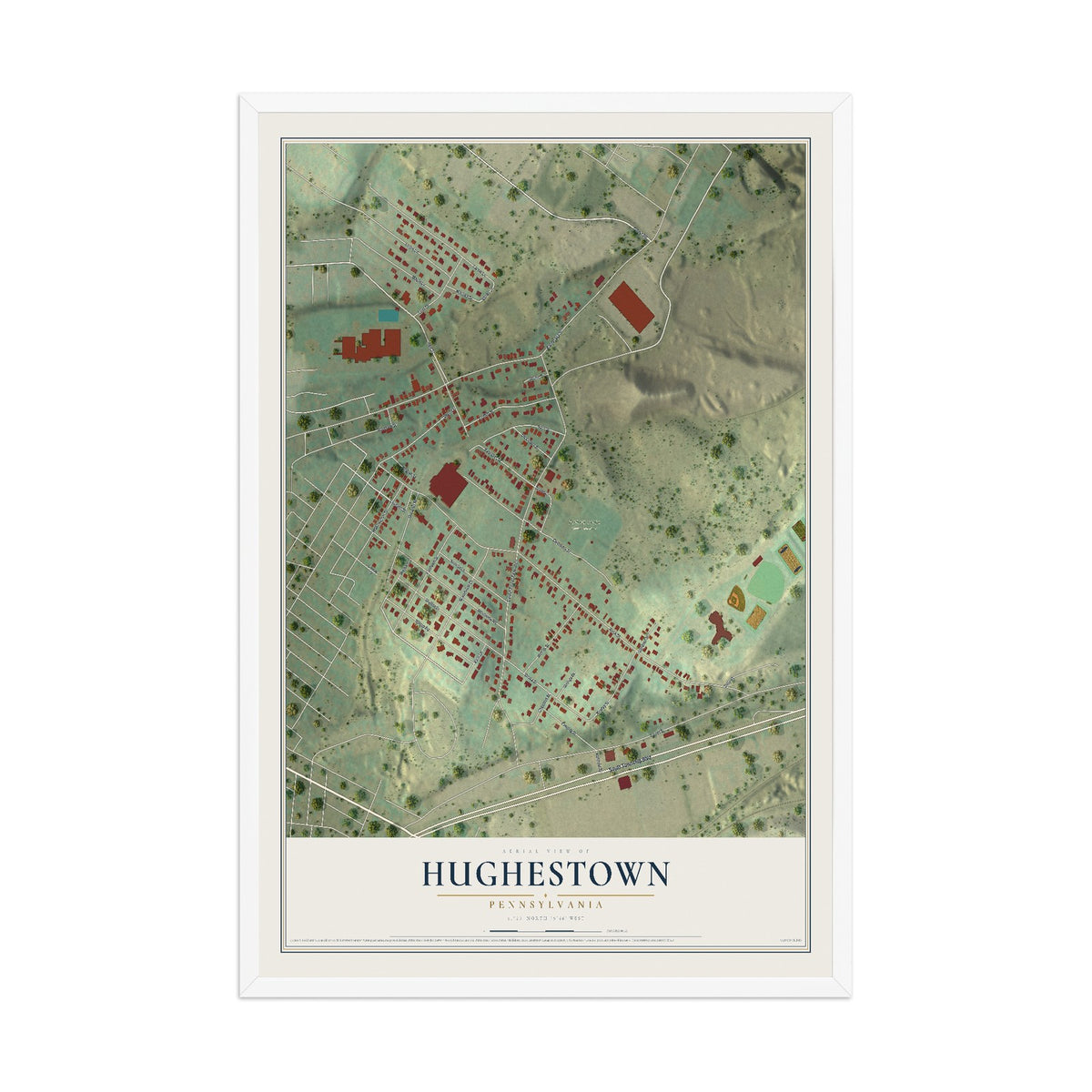 Map of Hughestown, Pennsylvania, 12 x 18 inch print in a white wood frame