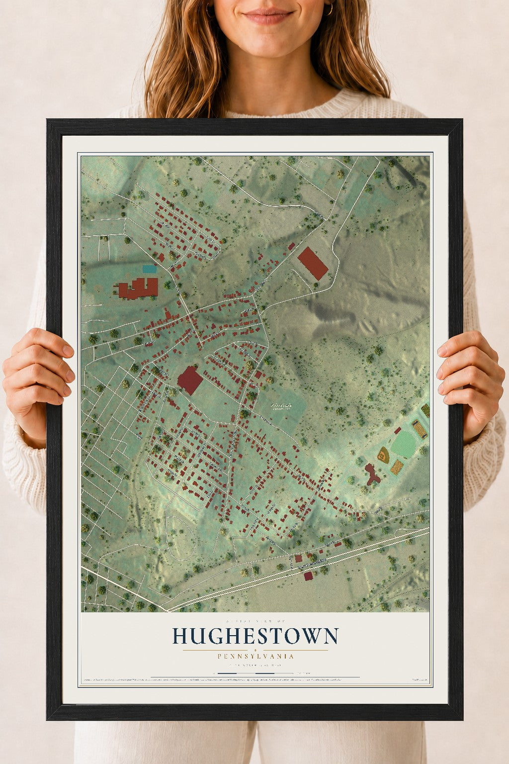 Map of Hughestown, Pennsylvania, 18 x 24 inch print in a black wood frame