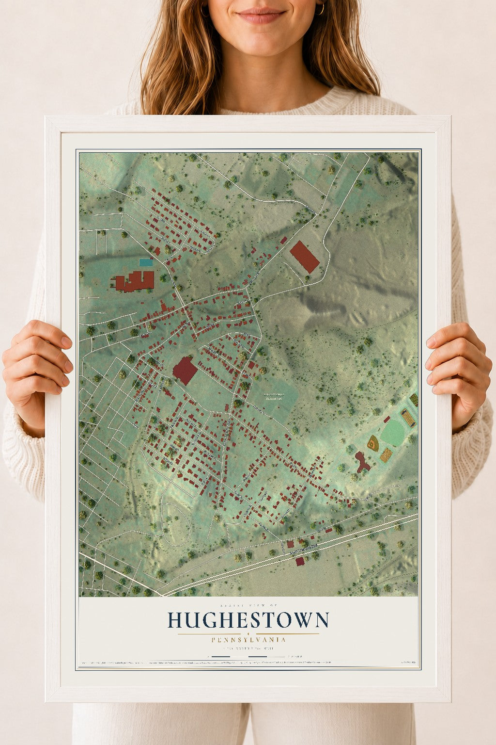 Map of Hughestown, Pennsylvania, 18 x 24 inch print in a white wood frame