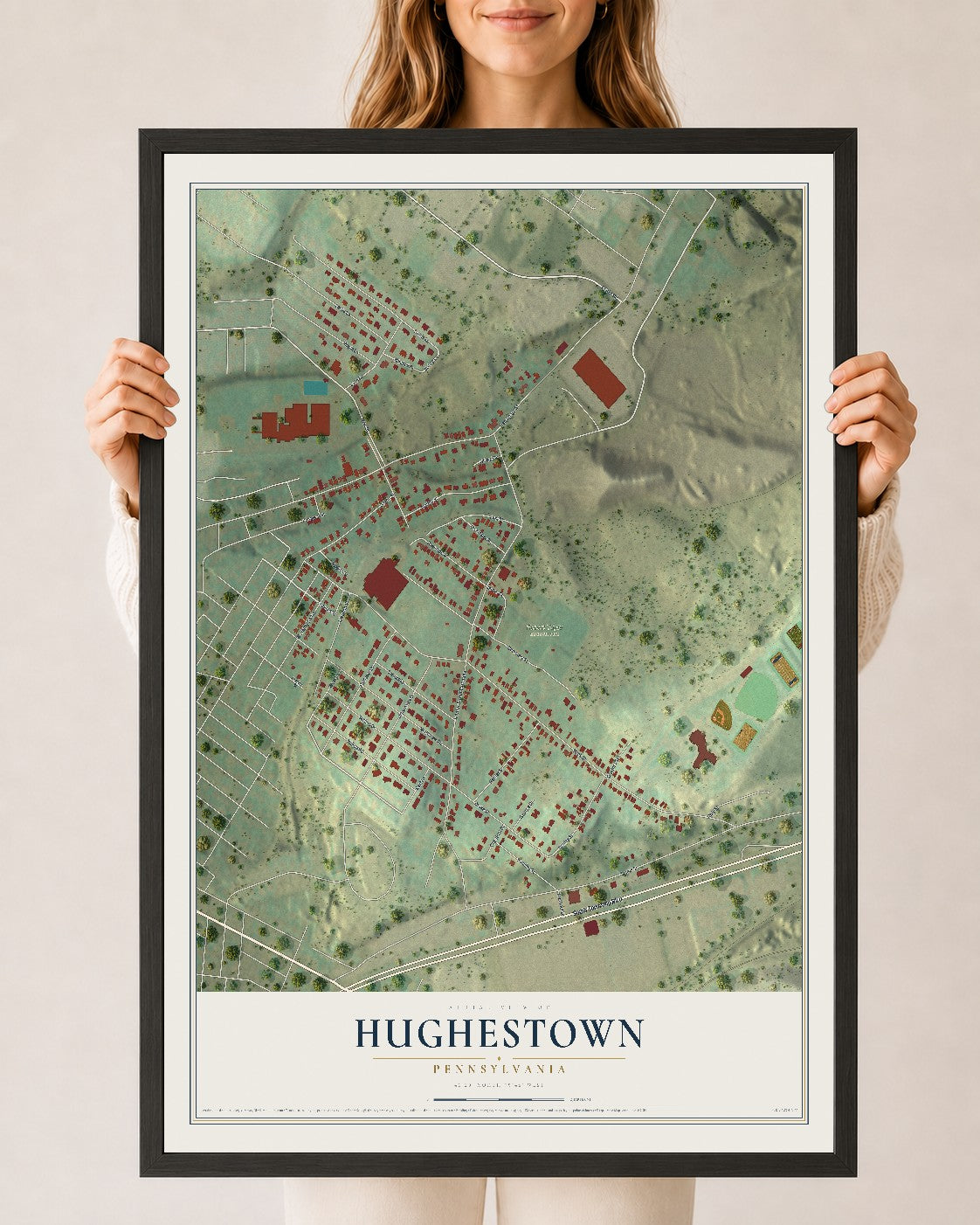 Map of Hughestown, Pennsylvania, 24 x 36 inch print in a black wood frame