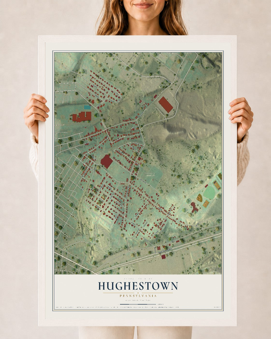 Map of Hughestown, Pennsylvania, 24 x 36 inch print in a white wood frame
