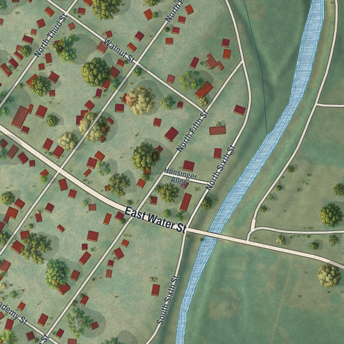 Second close-up of the map of Hughesville, Pennsylvania print showing more streets and buildings