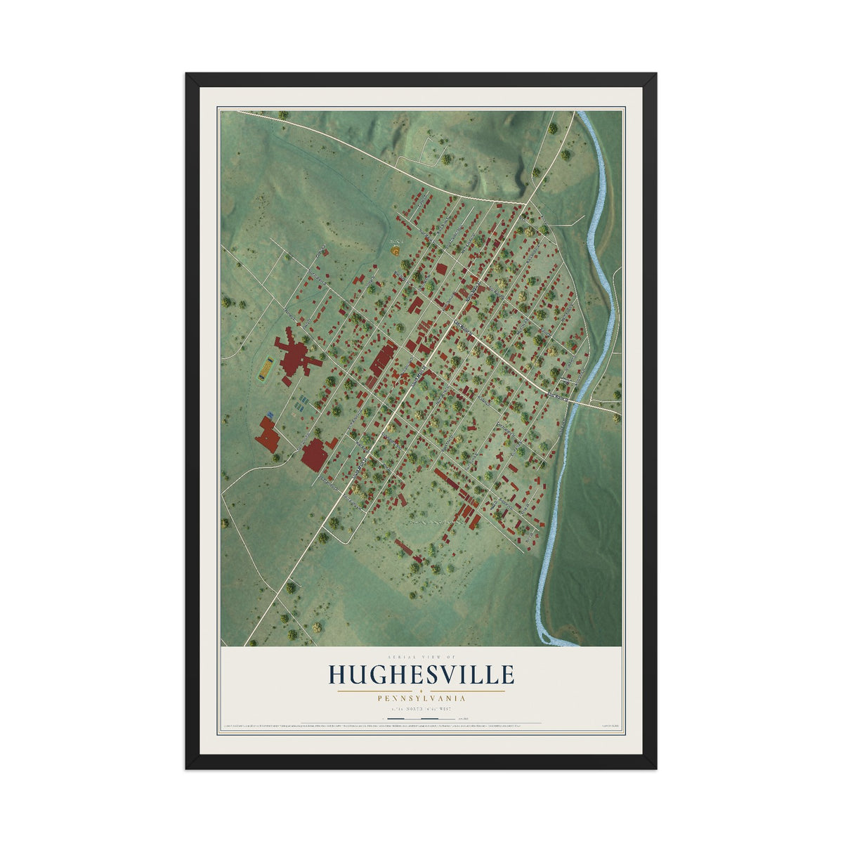 Map of Hughesville, Pennsylvania, 12 x 18 inch print in a black wood frame