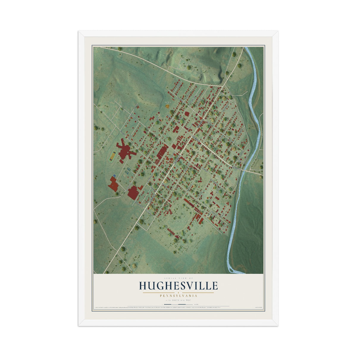 Map of Hughesville, Pennsylvania, 12 x 18 inch print in a white wood frame