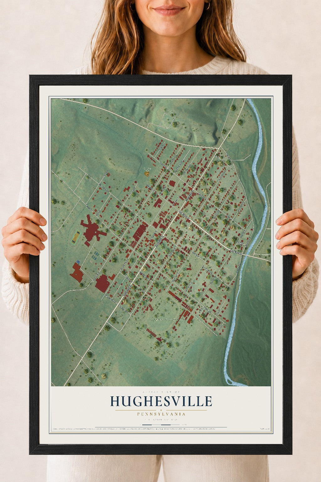 Map of Hughesville, Pennsylvania, 18 x 24 inch print in a black wood frame