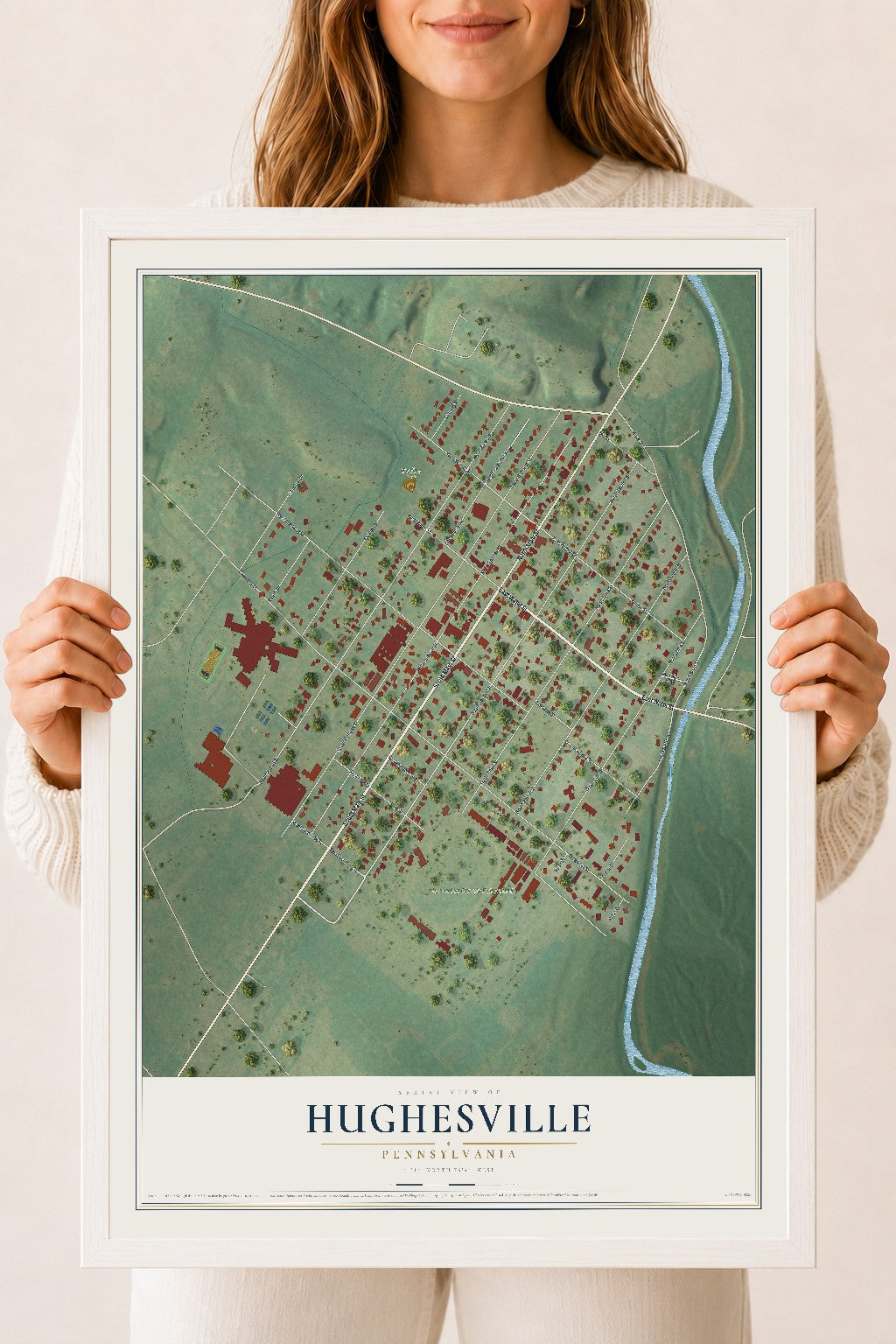 Map of Hughesville, Pennsylvania, 18 x 24 inch print in a white wood frame