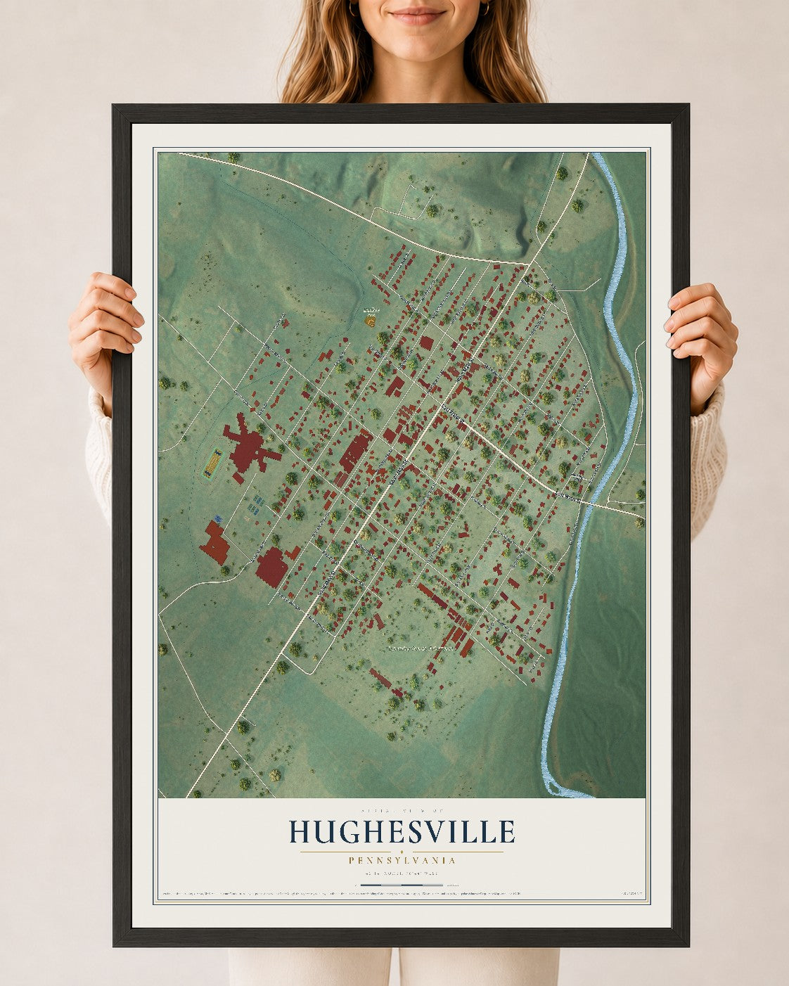 Map of Hughesville, Pennsylvania, 24 x 36 inch print in a black wood frame