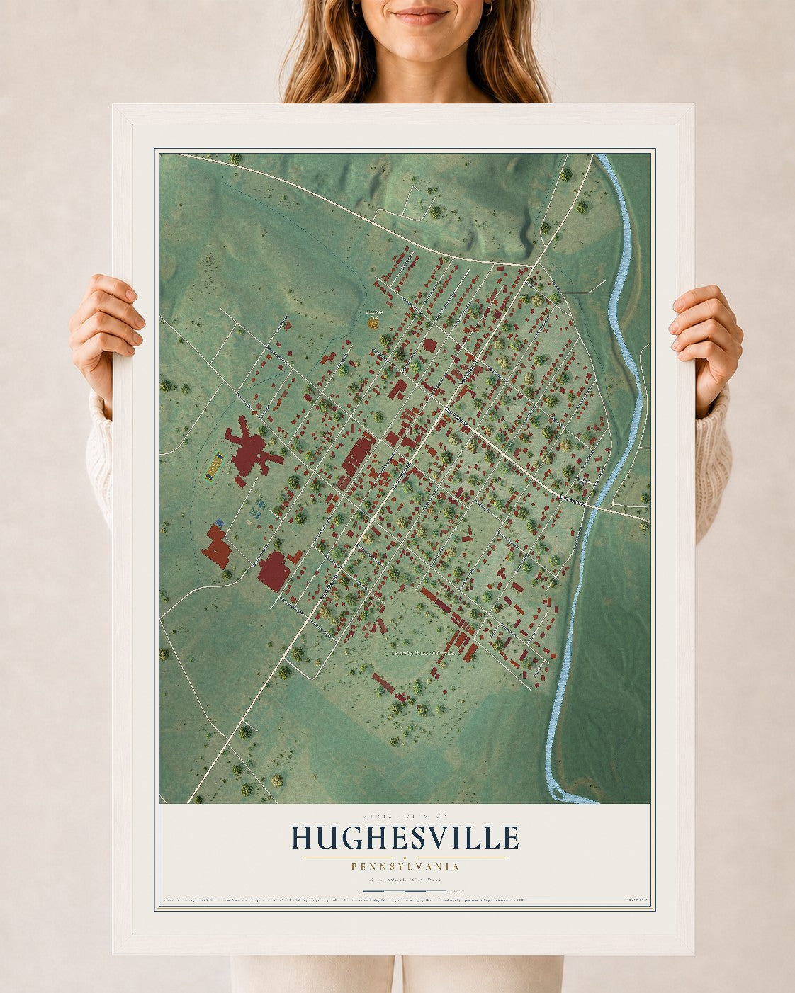 Map of Hughesville, Pennsylvania, 24 x 36 inch print in a white wood frame