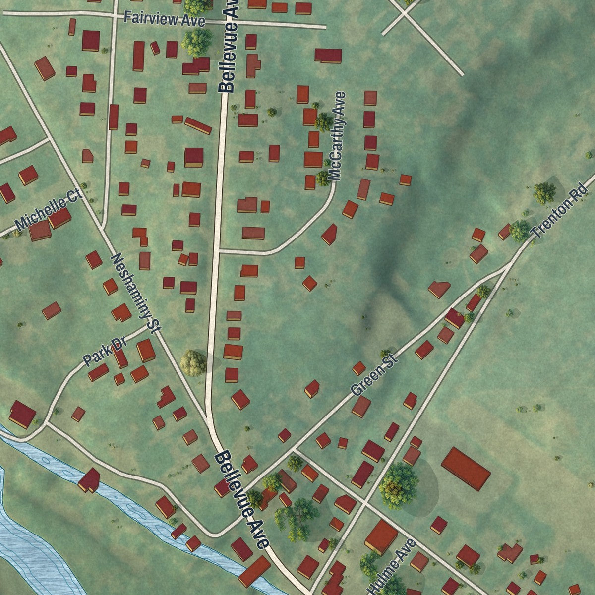 Close-up of the map of Hulmeville, Pennsylvania print showing street and building detail