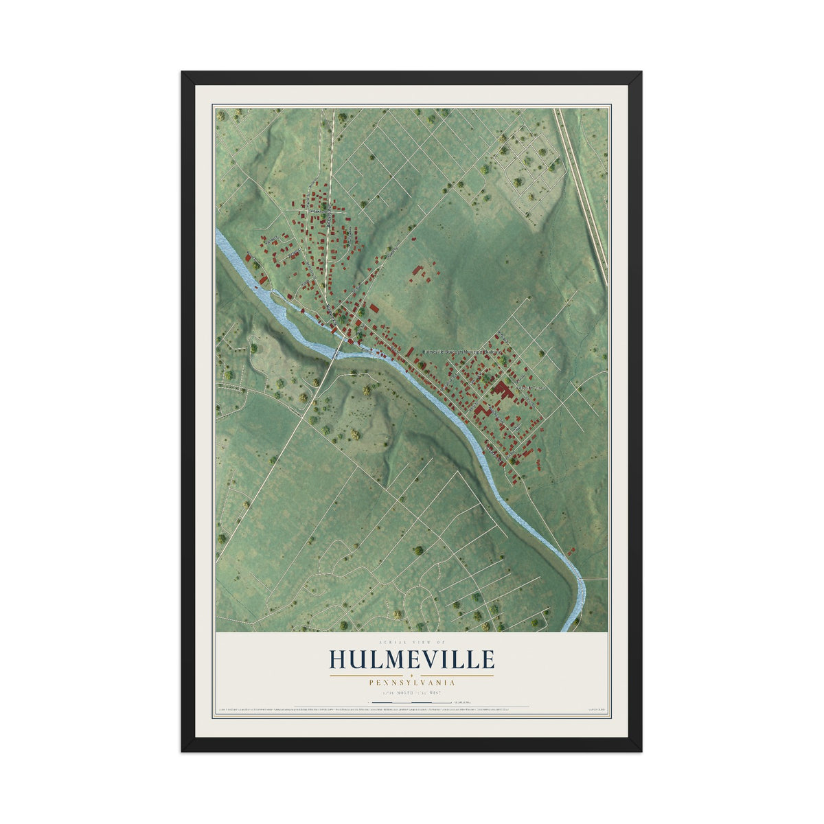 Map of Hulmeville, Pennsylvania, 12 x 18 inch print in a black wood frame