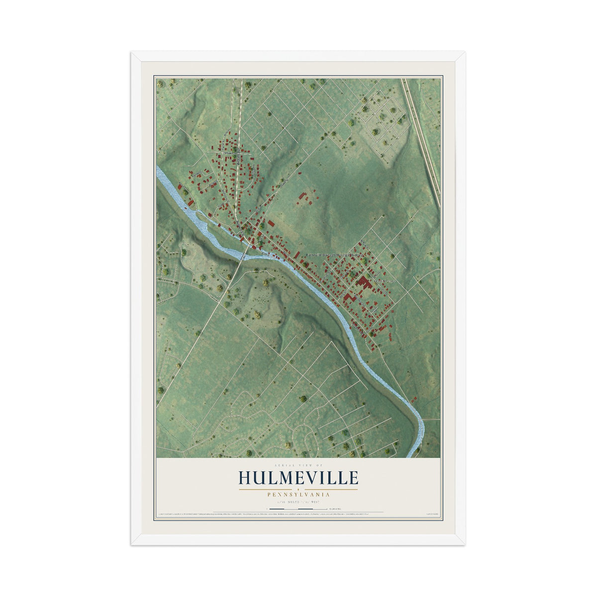 Map of Hulmeville, Pennsylvania, 12 x 18 inch print in a white wood frame