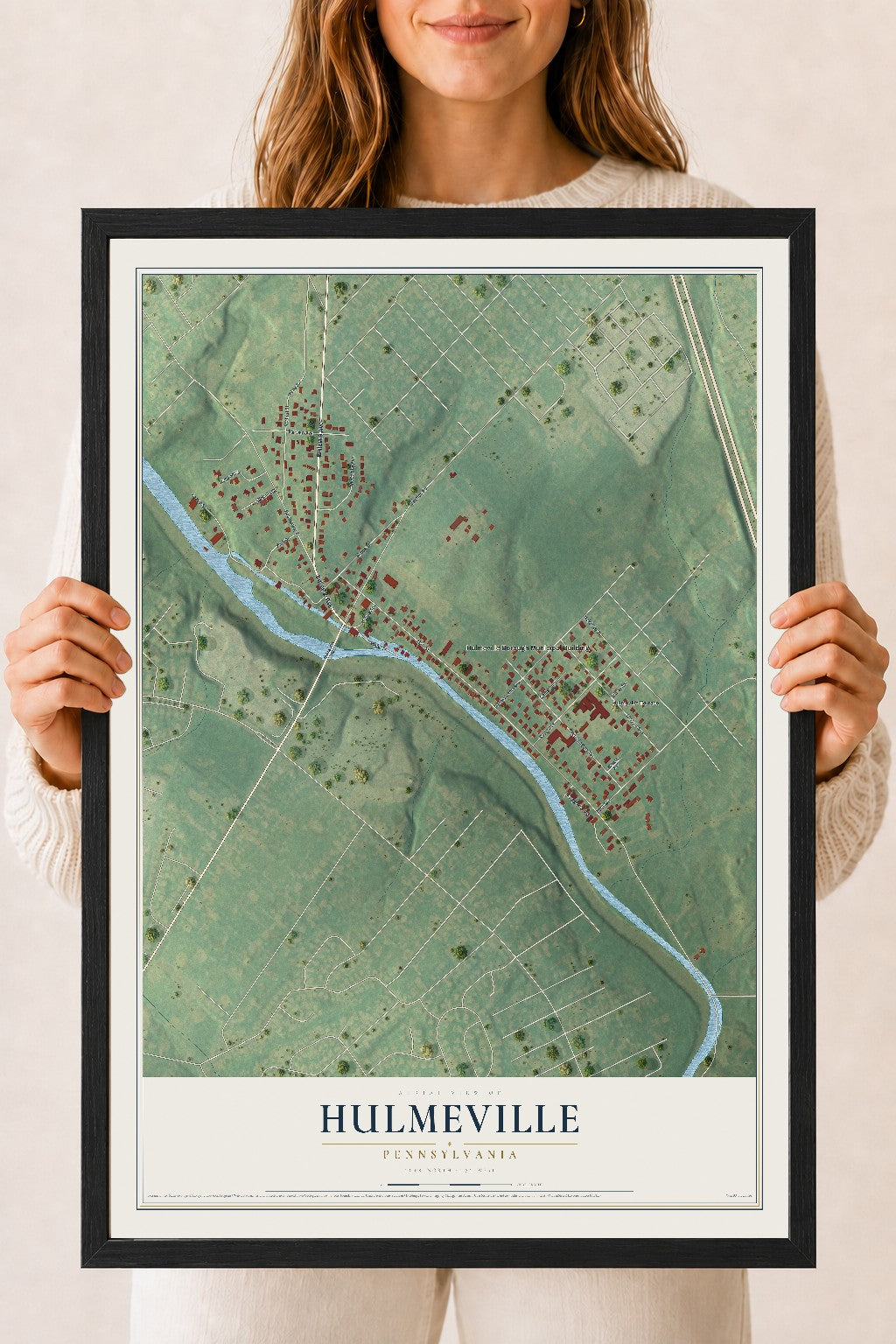 Map of Hulmeville, Pennsylvania, 18 x 24 inch print in a black wood frame