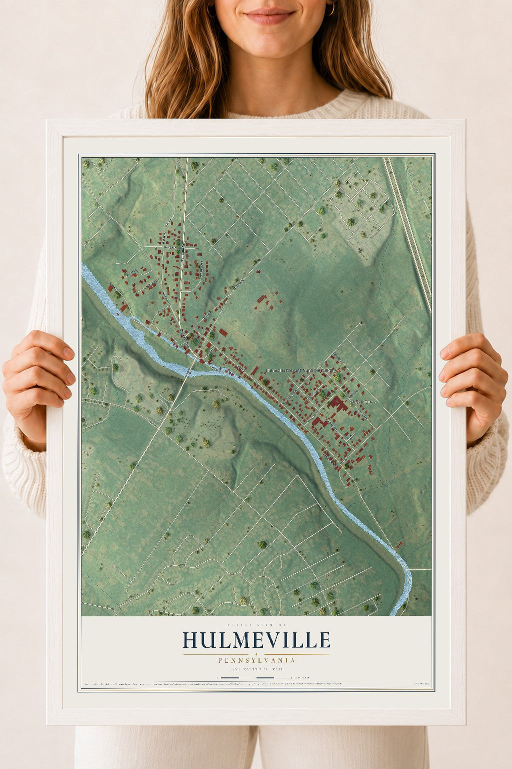 Map of Hulmeville, Pennsylvania, 18 x 24 inch print in a white wood frame
