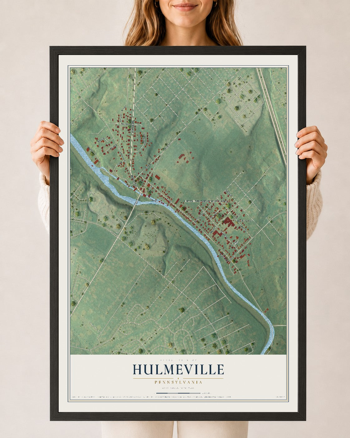 Map of Hulmeville, Pennsylvania, 24 x 36 inch print in a black wood frame