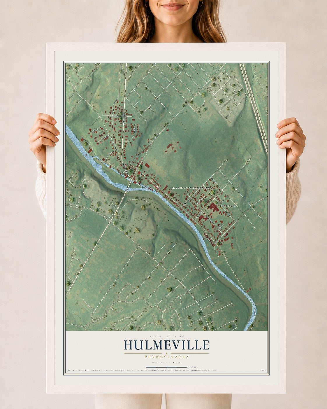 Map of Hulmeville, Pennsylvania, 24 x 36 inch print in a white wood frame