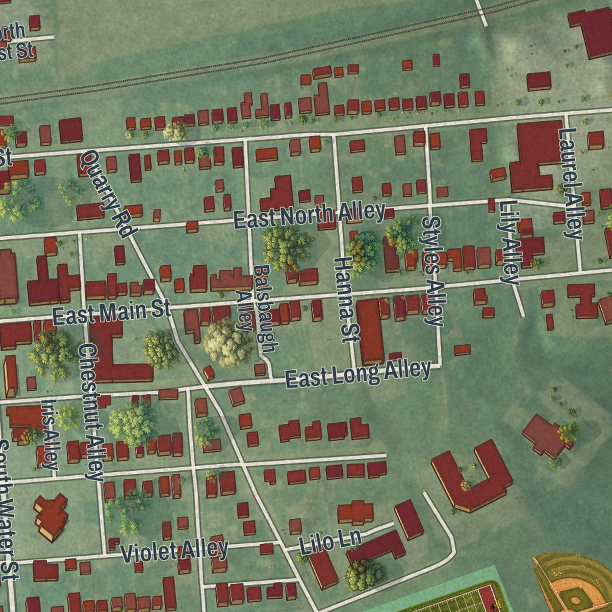 Second close-up of the map of Hummelstown, Pennsylvania print showing more streets and buildings