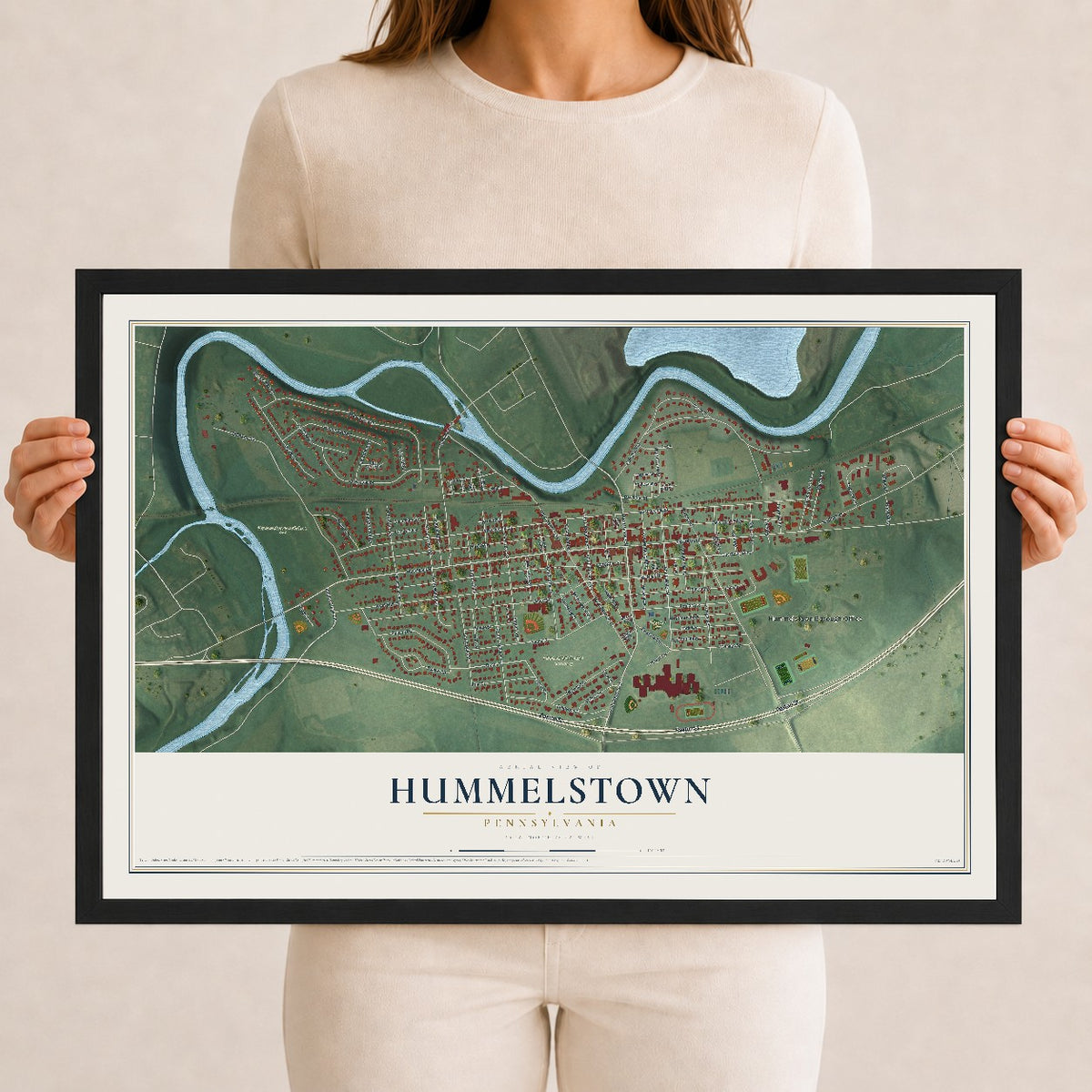 Map of Hummelstown, Pennsylvania, 12 x 18 inch print in a black wood frame