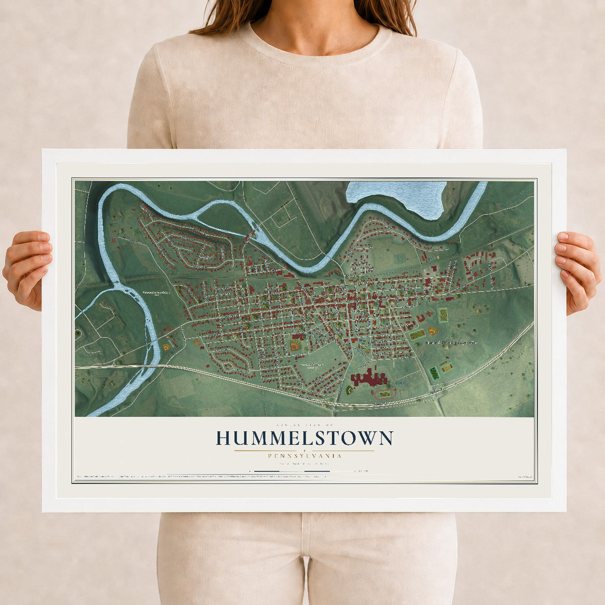 Map of Hummelstown, Pennsylvania, 12 x 18 inch print in a white wood frame
