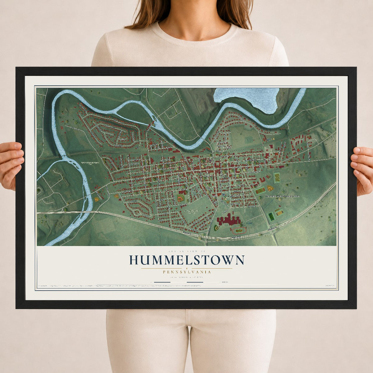 Map of Hummelstown, Pennsylvania, 18 x 24 inch print in a black wood frame