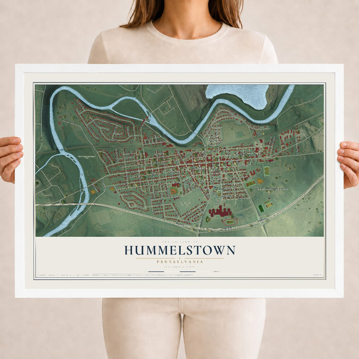 Map of Hummelstown, Pennsylvania, 18 x 24 inch print in a white wood frame