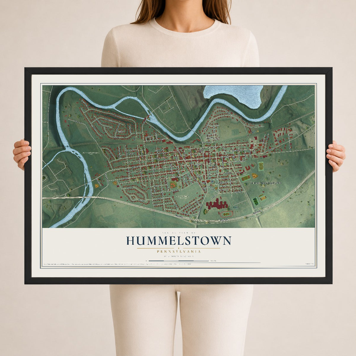 Map of Hummelstown, Pennsylvania, 24 x 36 inch print in a black wood frame
