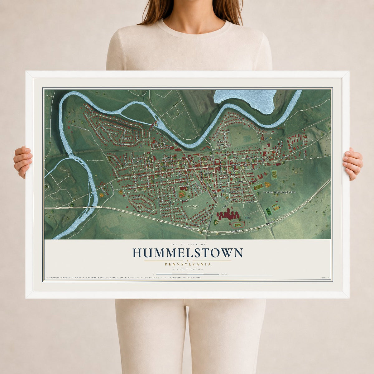 Map of Hummelstown, Pennsylvania, 24 x 36 inch print in a white wood frame