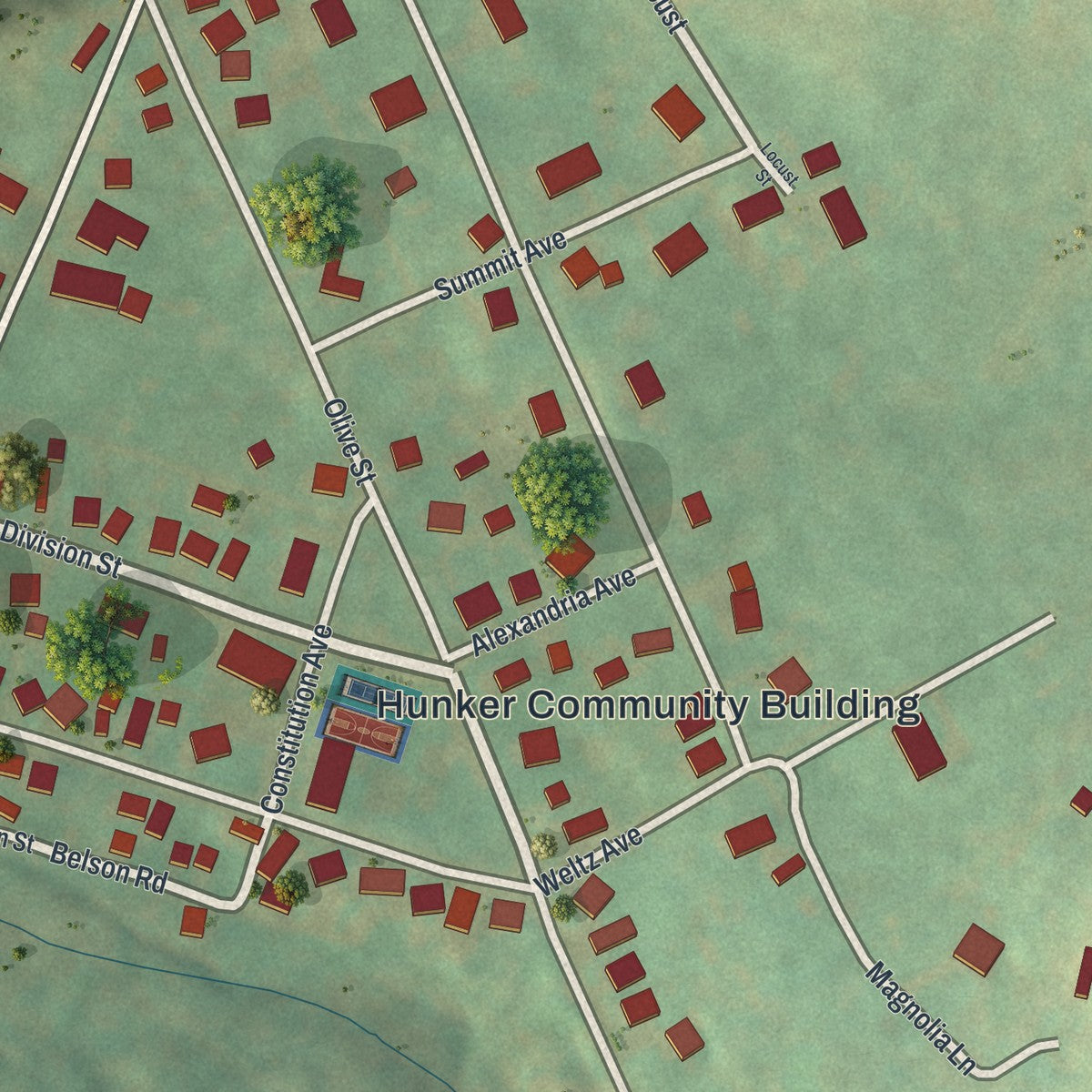 Close-up of the map of Hunker, Pennsylvania print showing street and building detail