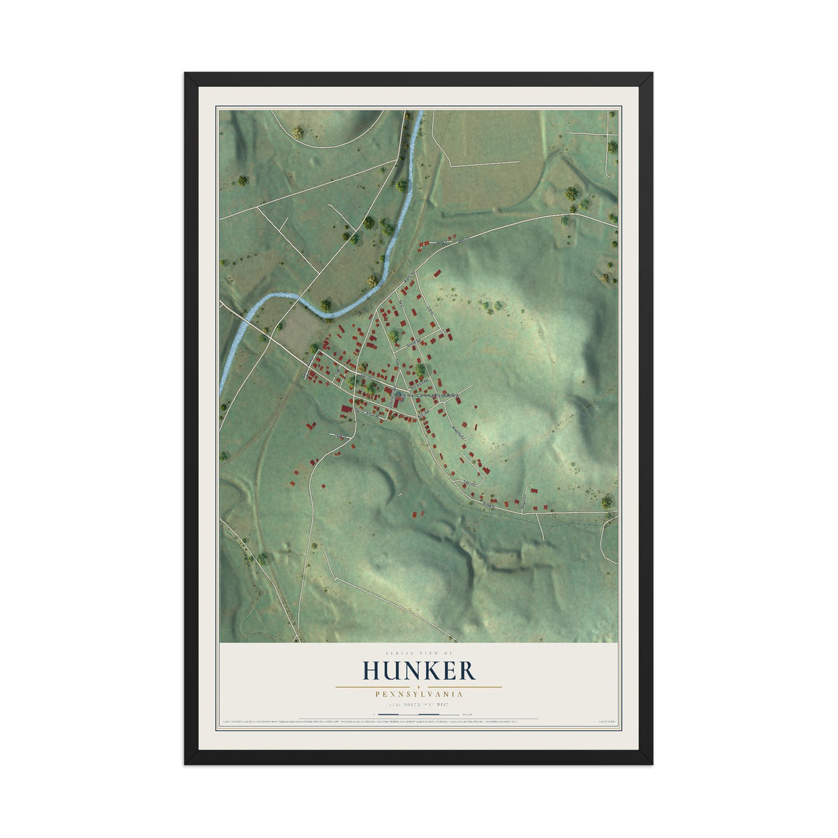 Map of Hunker, Pennsylvania, 12 x 18 inch print in a black wood frame