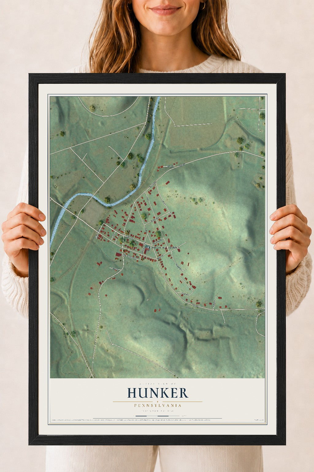 Map of Hunker, Pennsylvania, 18 x 24 inch print in a black wood frame