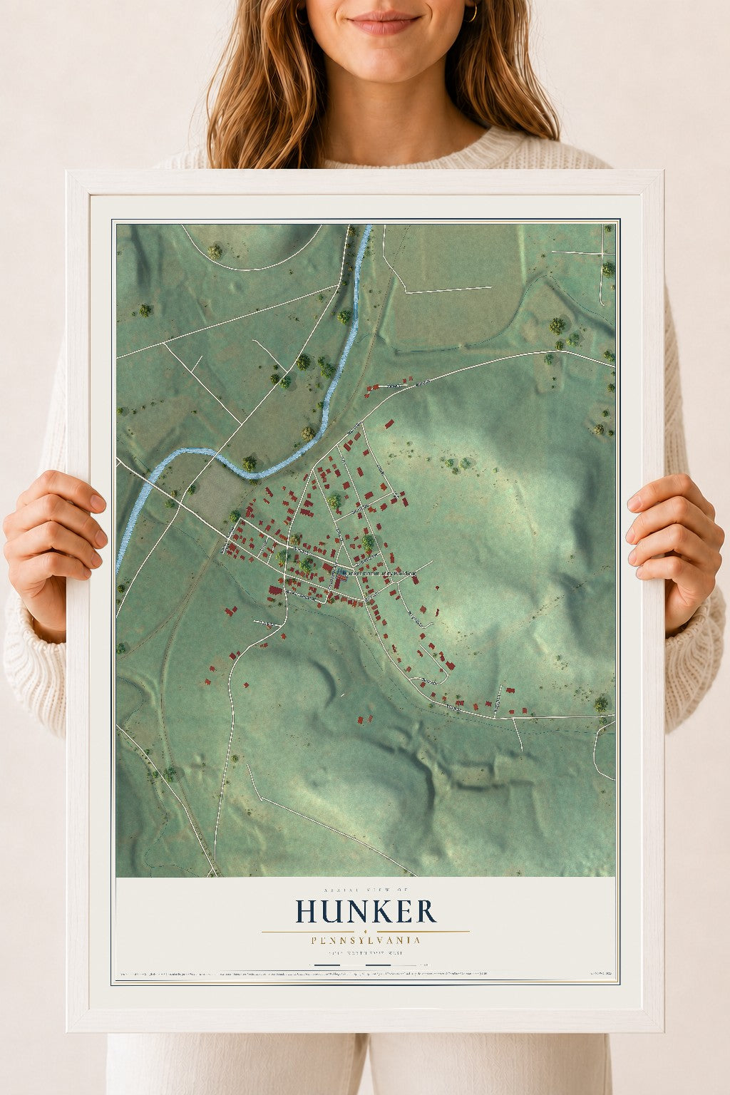 Map of Hunker, Pennsylvania, 18 x 24 inch print in a white wood frame