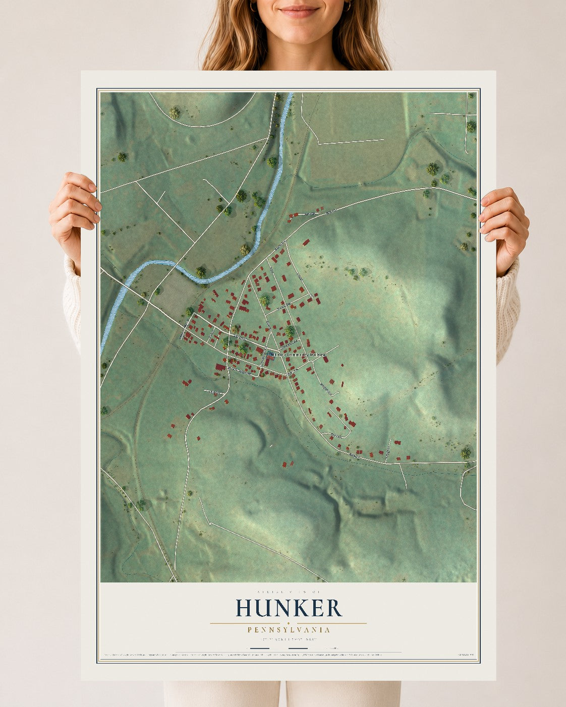 Map of Hunker, Pennsylvania, 24 x 36 inch unframed archival matte print
