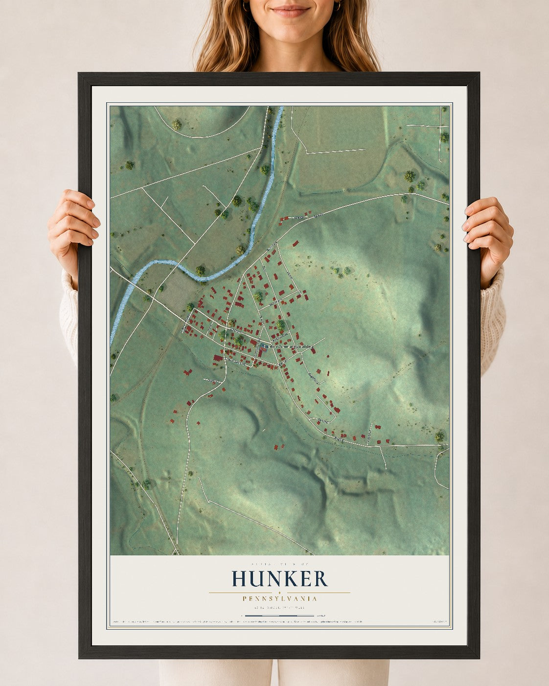Map of Hunker, Pennsylvania, 24 x 36 inch print in a black wood frame