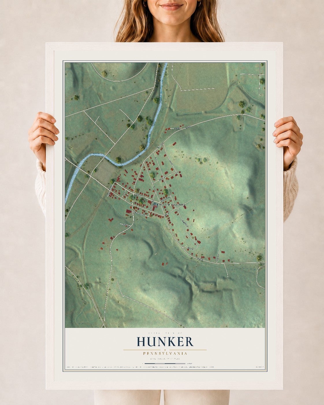 Map of Hunker, Pennsylvania, 24 x 36 inch print in a white wood frame