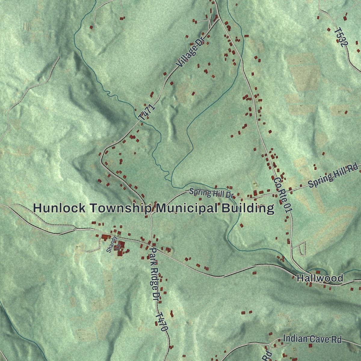 Second close-up of the map of Hunlock, Pennsylvania print showing more streets and buildings