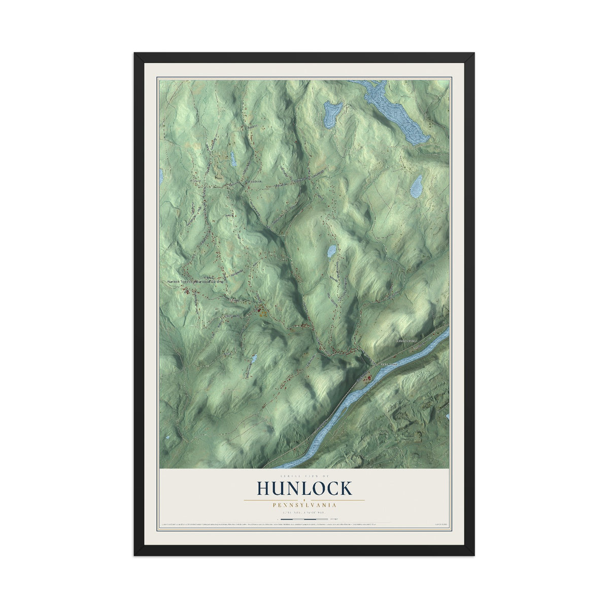Map of Hunlock, Pennsylvania, 12 x 18 inch print in a black wood frame