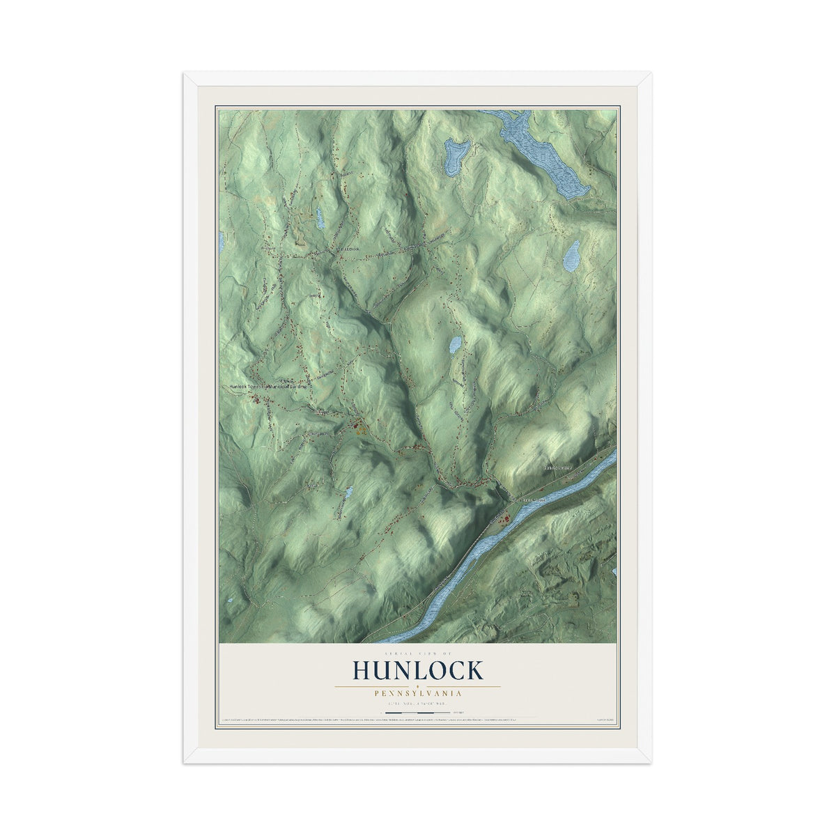 Map of Hunlock, Pennsylvania, 12 x 18 inch print in a white wood frame
