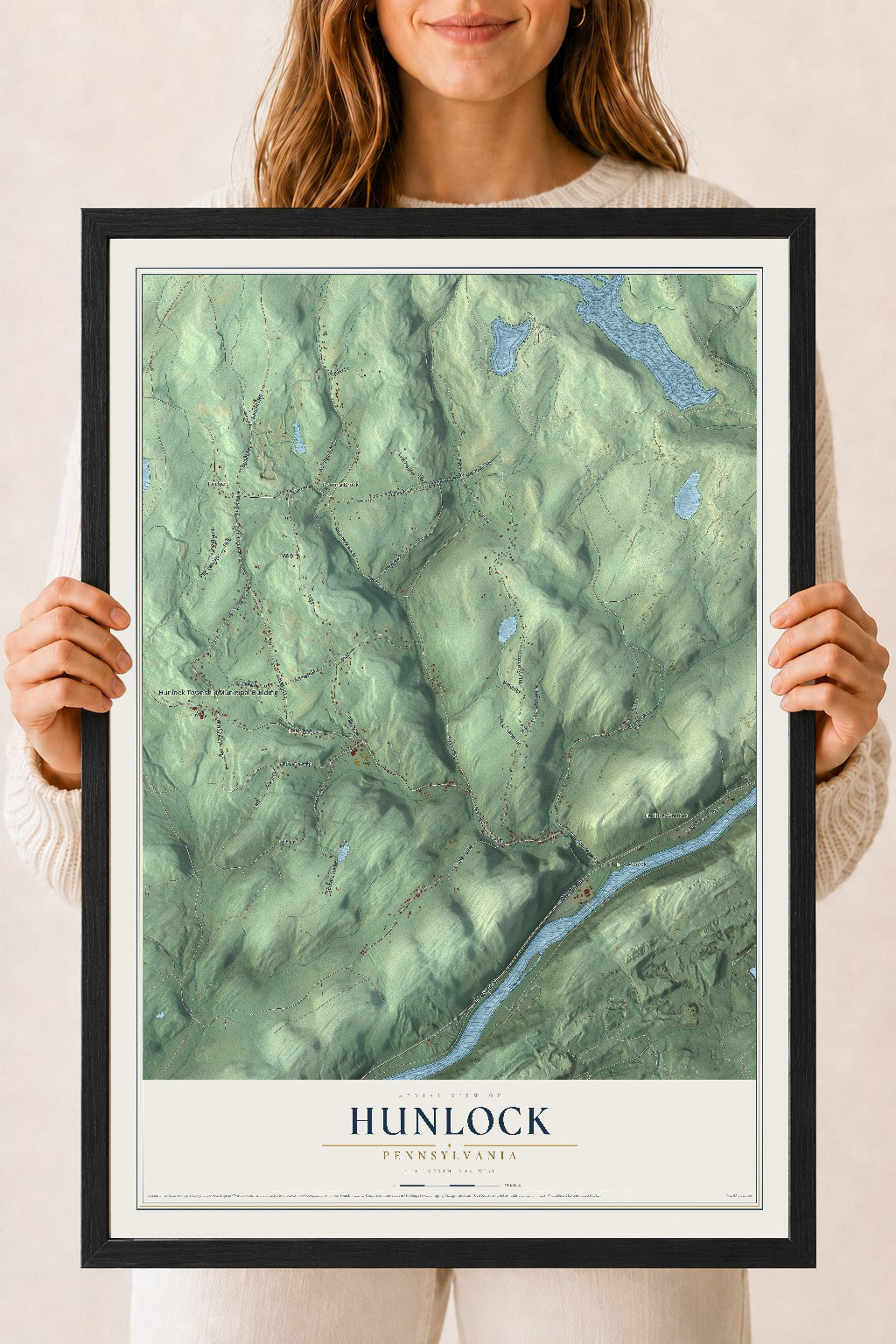 Map of Hunlock, Pennsylvania, 18 x 24 inch print in a black wood frame