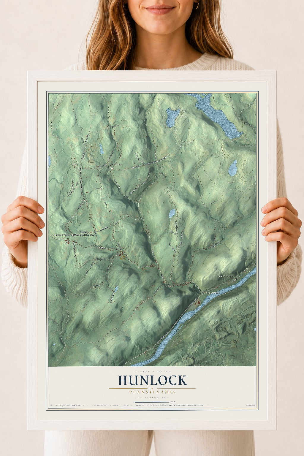 Map of Hunlock, Pennsylvania, 18 x 24 inch print in a white wood frame