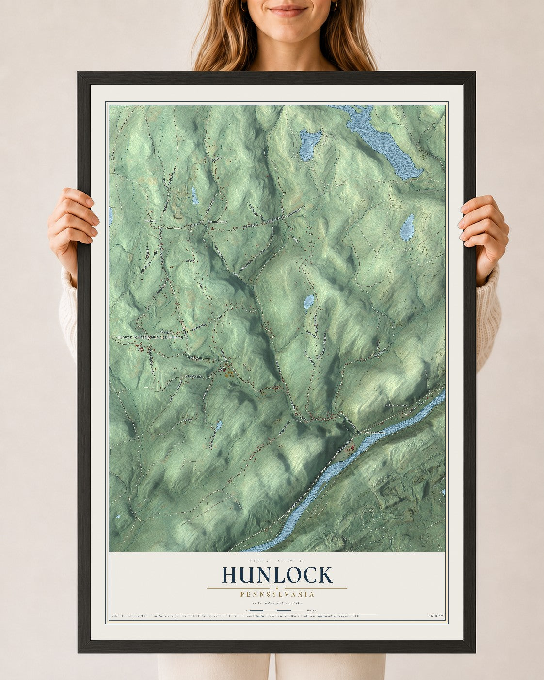 Map of Hunlock, Pennsylvania, 24 x 36 inch print in a black wood frame