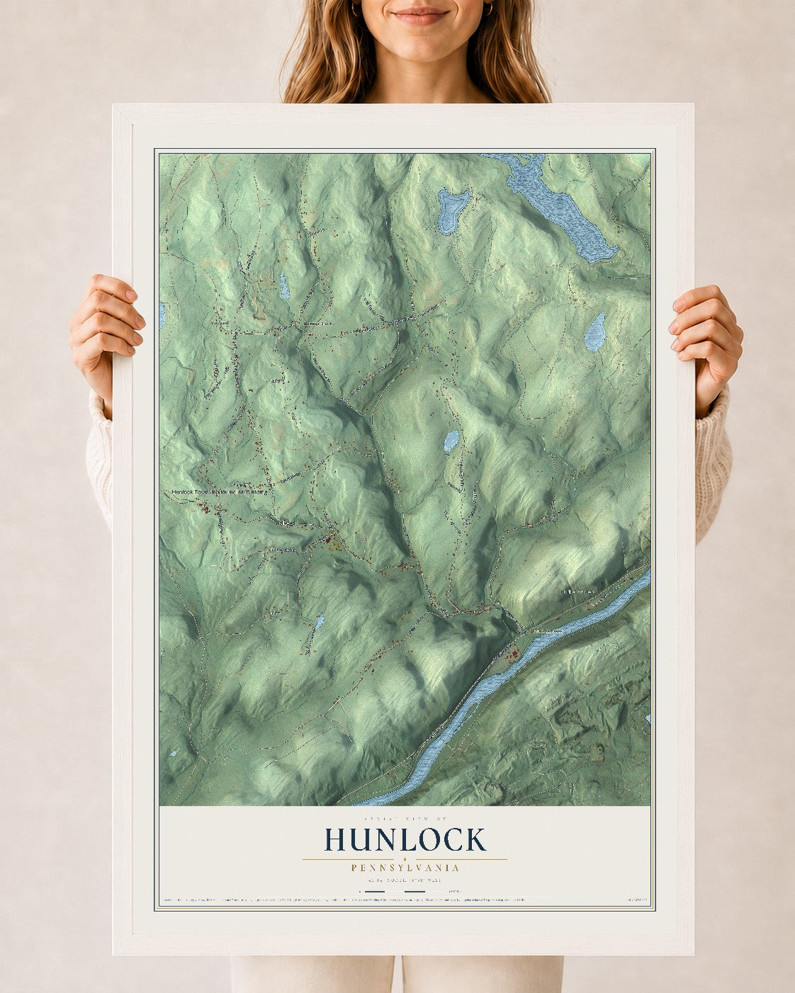 Map of Hunlock, Pennsylvania, 24 x 36 inch print in a white wood frame