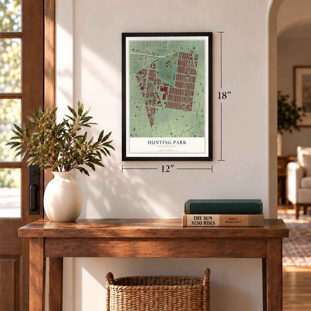 Hunting Park, Pennsylvania map, 12 x 18 inch print in a black frame in an entryway