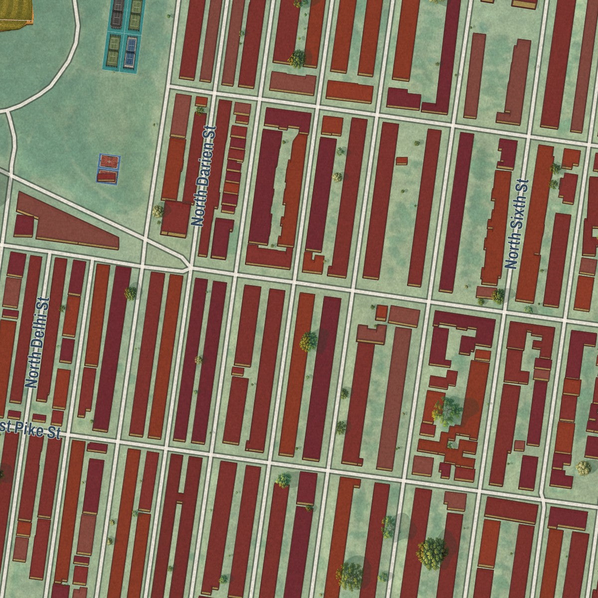 Close-up of the map of Hunting Park, Pennsylvania print showing street and building detail