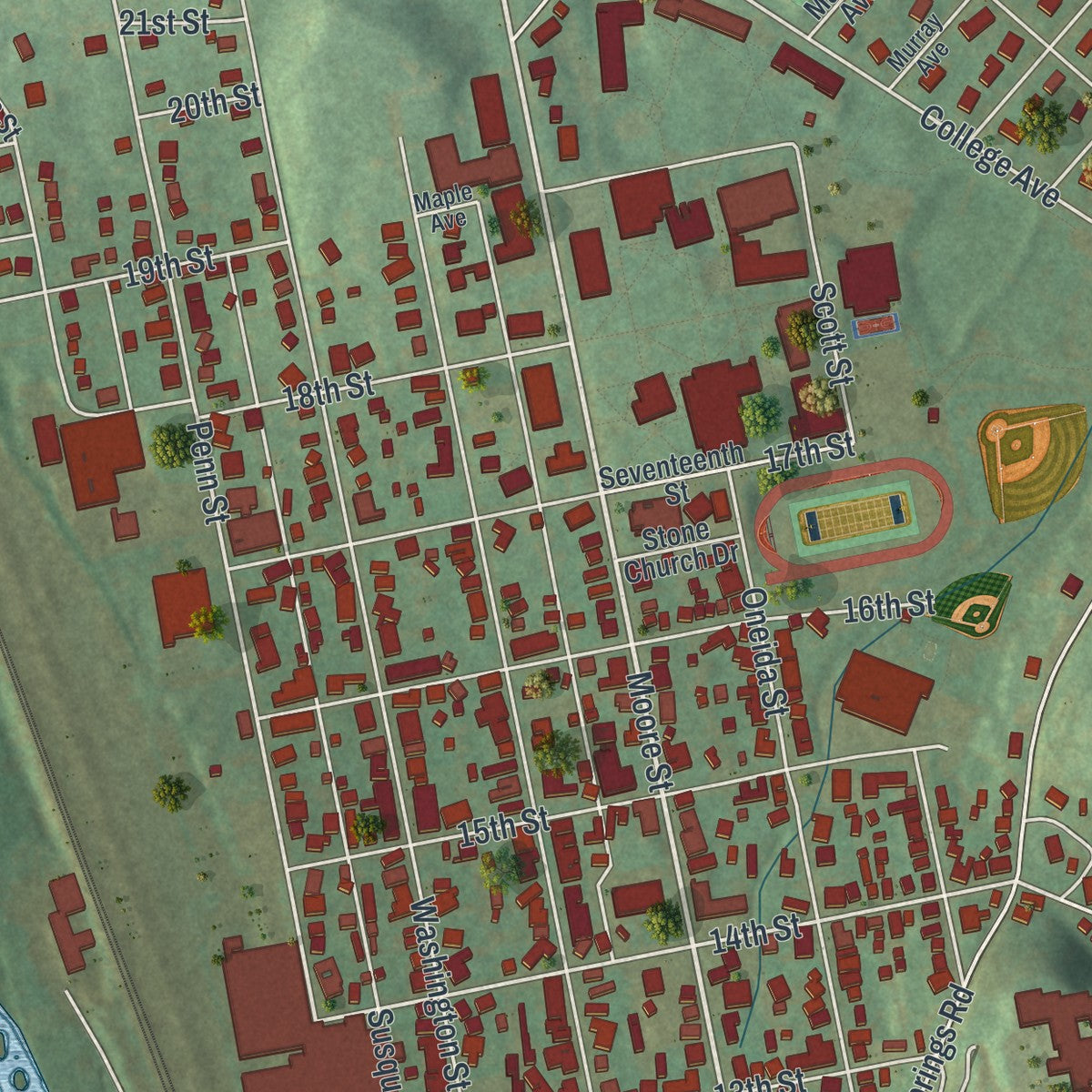 Close-up of the map of Huntingdon, Pennsylvania print showing street and building detail