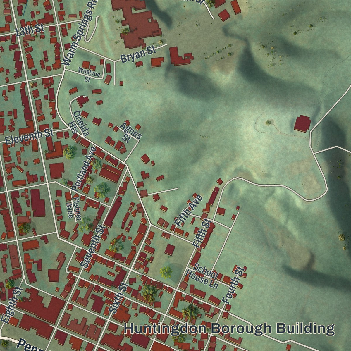 Second close-up of the map of Huntingdon, Pennsylvania print showing more streets and buildings